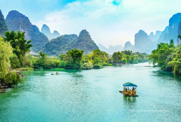 This is an image of a boat on the Li River in Guangdong Province, China. Photo courtesy of American Travel Express.