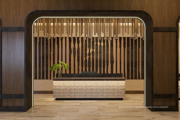 This is an image of the front desk at the InterContinental San Antonio Riverwalk, which is slated to open in Summer 2024. Photo courtesy of InterContinental Hotels & Resorts.
