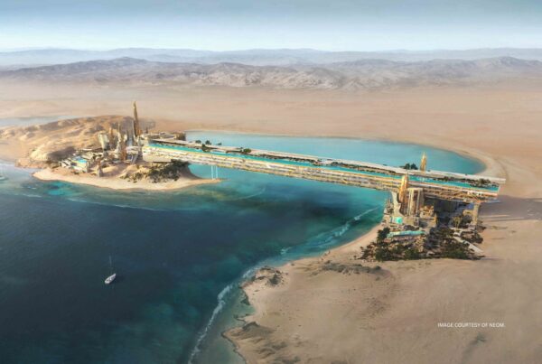 This is a rendering of Treyam, the "bridge" resort and harbor over a lagoon in the Gulf of Aqaba, Saudi Arabia. Rendering courtesy of NEOM.
