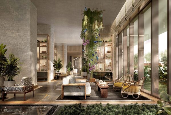 This a rendering of the lobby of Hotel Indigo The Forestias Bangkok, which is expected to open in 2026. Rendering courtesy of IHG Hotels & Resorts.