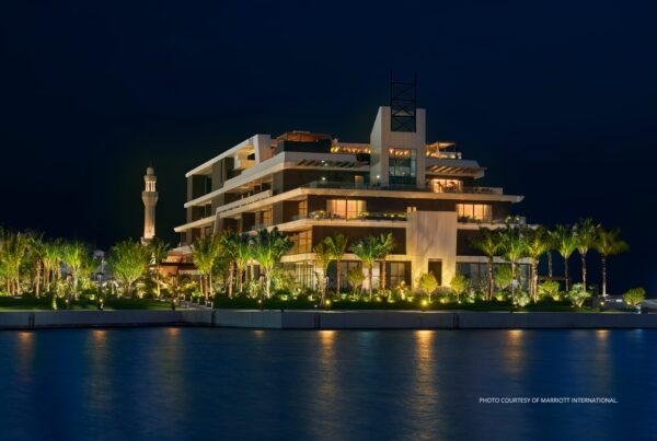 The Jeddah EDITION opened on May 2, 2024. This is a photo of the hotel's exterior at night. Photo courtesy of Marriott International