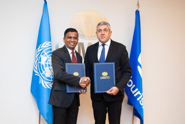 This is an image of Senthil Gopinath, CEO, ICCA (left) and UN Tourism Secretary-General Zurab Pololikashvili at the signing of a partnership between the two organizations, which solidifies their shared commitment to the sustainable development of the meeting industry. Photo courtesy of ICCA.