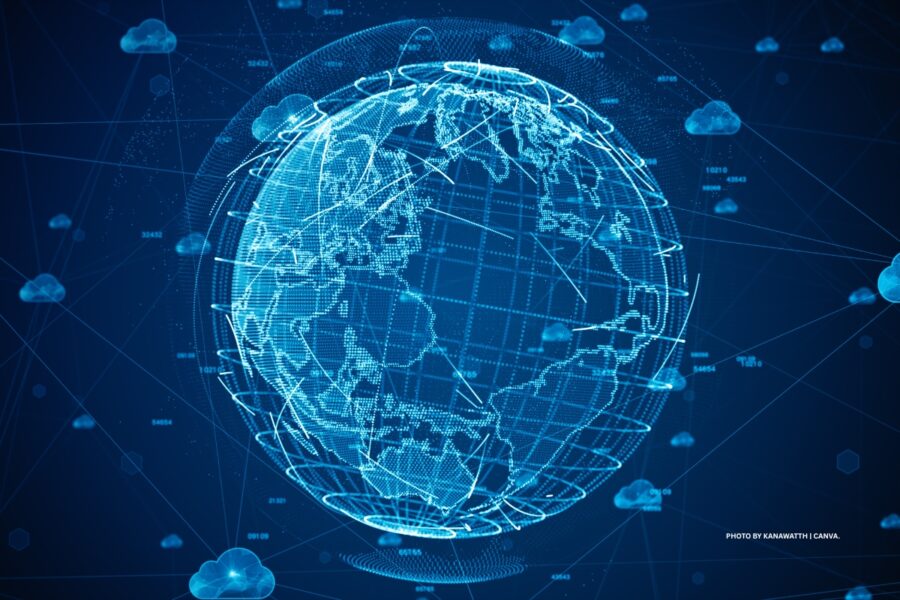 This is a stock image showing a globe and digital images. Photo by kanawatTH | Canva.