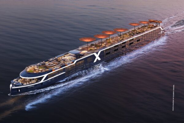This image shows Celebrity Compass, one of Celebrity Cruises' new river boats, which will set sail in 2027. Photo courtesy of Celebrity Cruises.