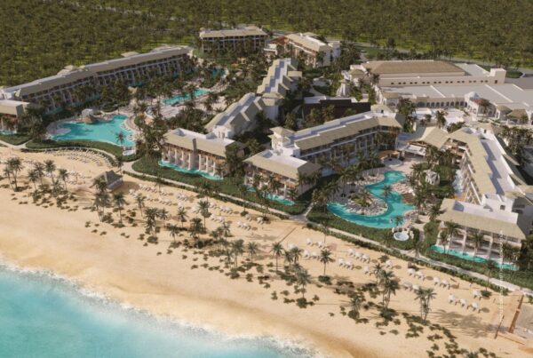 This image is an aerial-view rendering of Dreams Playa Esmeralda Resort & Spa and Secrets Playa Esmeralda Resort & Spa. Rendering courtesy of Hyatt Hotels Corporation.