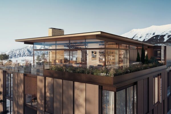 This image is a rendering of part of the exterior of Four Seasons Resort and Residences Telluride. Rendering courtesy of Four Seasons.