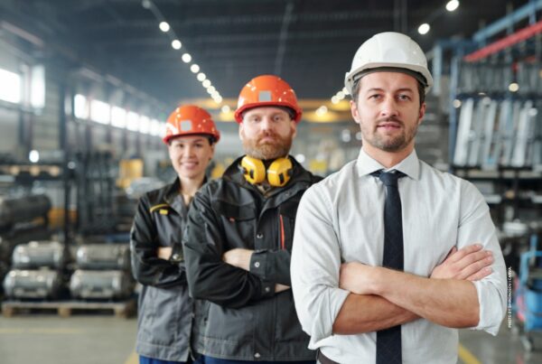 This is a stock photo of three people (one woman, two men) representing leadership in a manufacturing plant. Photo is by shironosov | Canva.
