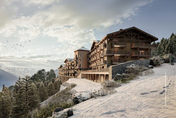 This image is a rendering of the mountain retreat being built in Valmorel, France, which will be part of Accor's MGallery Collection when it opens in 2027. Rendering courtesy of ABP Architectes | Accor SA.