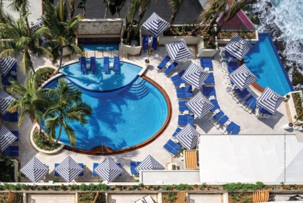 This is an aerial image of the main pool at Condado Vanderbilt Hotel in Puerto Rico. Photo courtesy of Condado Vanderbilt Hotel.