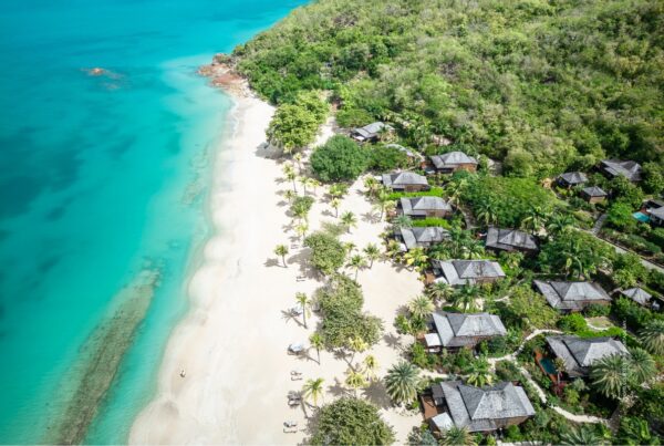 This image is an aerial view of the villas and beach at Hermitage Bay, Antigua. Photo courtesy of Hermitage Bay.