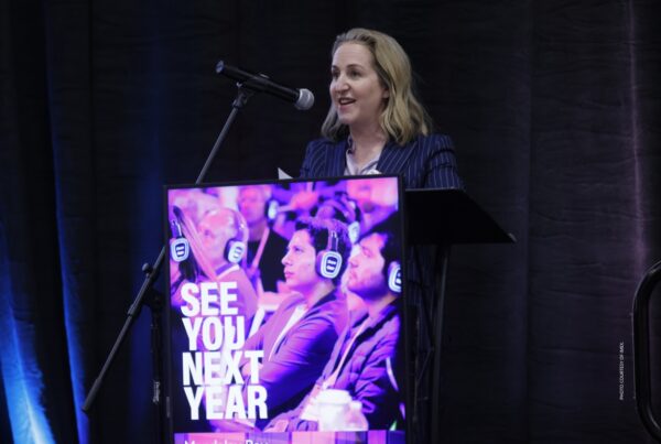 This is an image of Carina Bauer, CEO, IMEX, speaking at the closing press conference for IMEX America 2025. Photo courtesy of IMEX.