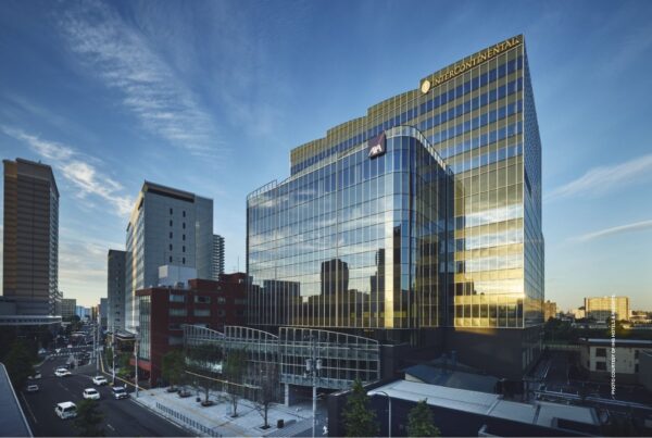 This image shows the exterior of Lilac Square, the mixed-use towers in Sapporo, Hokkaido, Japan, that is home to InterContinental Sapporo (opened October 2025). Photo courtesy of IHG Hotels & Resorts.