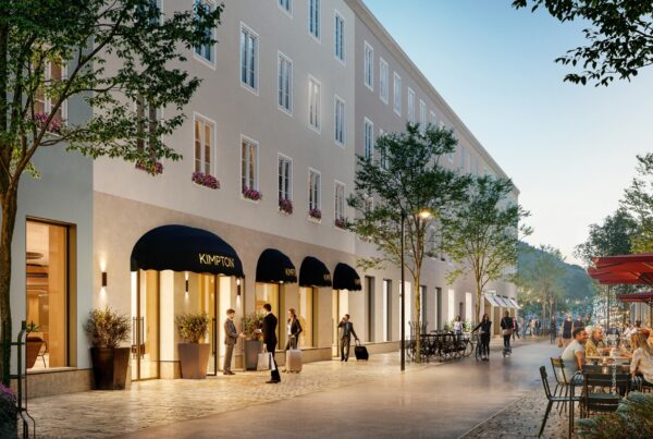 This image is a rendering of the front exterior of Kimpton Salzburg, which is expected to open in mid-2028. Rendering courtesy of IHG Hotels & Resorts.