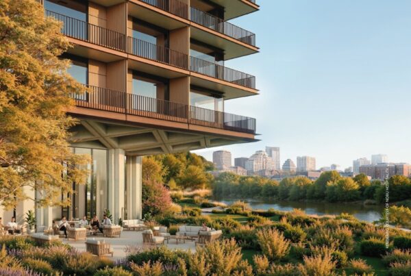 This image is a rendering of the gardens planned for The Nobu Hotel & Restaurant Nashville, which will be part of the Oracle campus in the East Bank district. Rendering courtesy of Nobu Hospitality.