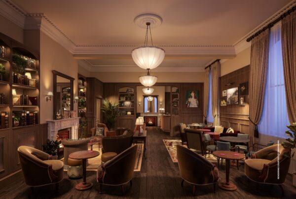 This image is a rendering of the interior of The Library Bar, The Hoxton Dublin (opening November 2025). Rendering courtesy of Ennismore.