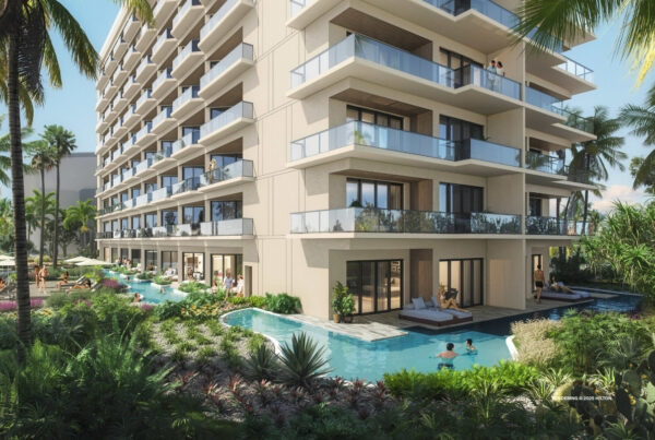 This image is a rendering of the exterior of The Westerly, a new tower at Hilton Aruba Caribbean Resort & Casino, which is opening in early 2026. Rendering © 2025 Hilton.