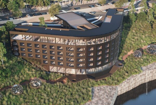 This image is a rendering of the exterior of Anantara Ushuaia Patagonia Resort, which is expected to open in early 2028. Rendering courtesy of Minor Hotels.