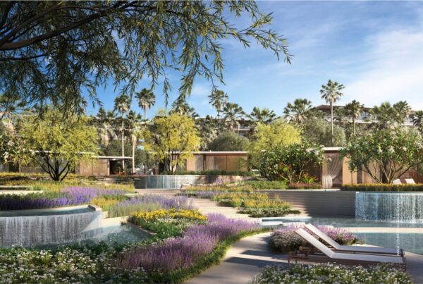 This image shows a garden and pool planned for Four Seasons Resort and Residences AMAALA at Triple Bay (Saudi Arabia). Image courtesy of Four Seasons.