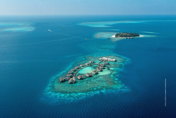 This image is an aerial view of The Halcyon Private Isles Maldives, Autograph Collection. Photo courtesy of Marriott International.