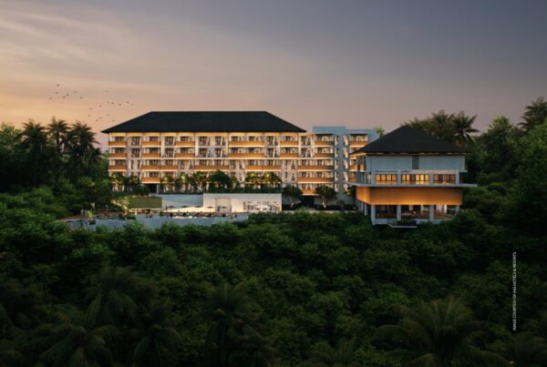 This image is a rendering of the exterior of Hotel Indigo Bali Ubud (Indonesia), which is expected to open in 2027. Rendering courtesy of IHG Hotels & Resorts.