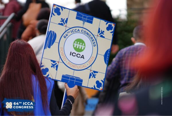 This is an image of a sign for the 64th ICCA Congress, held in Porto, Portugal. The sign features the design of a traditional Portuguese tile. Photo courtesy of ICCA.