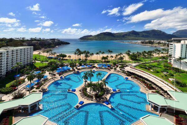 This is an aerial image of the pool at The Sonesta Kaua'i Resort, Kaua'i, Hawai'i. Photo courtesy of The Royal Sonesta Kaua'i Resort Lihue.