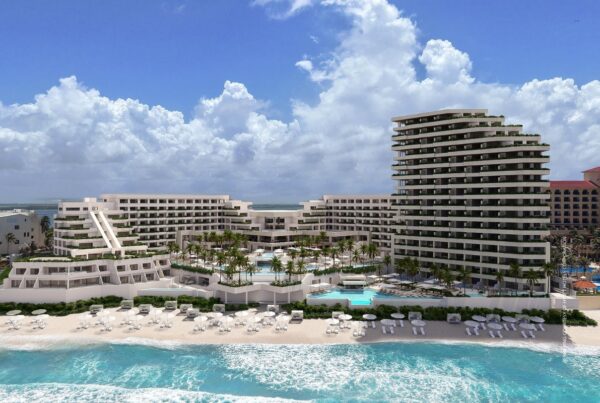 This image is a rendering of the beach and buildings at Secrets Mirabel Cancun Resort & Spa. Rendering courtesy of Hyatt Hotels Corporation.