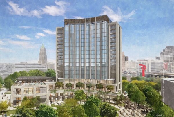 This image is a rendering of the exterior of The Monarch San Antonio, opening March 3, 2026.. Rendering courtesy of The Monarch San Antonio.