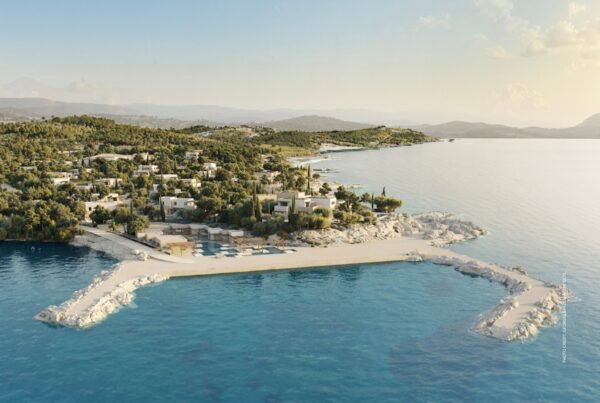 This image is an aerial view of Waldorf Astoria Scarlet Bay (Greece), which is expected to open in 2029. Image credit: Georges Batzios Architects.