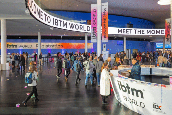 This image shows the reception area at IBTM World 2025, Fira de Barcelona. Photo courtesy of IBTM World.