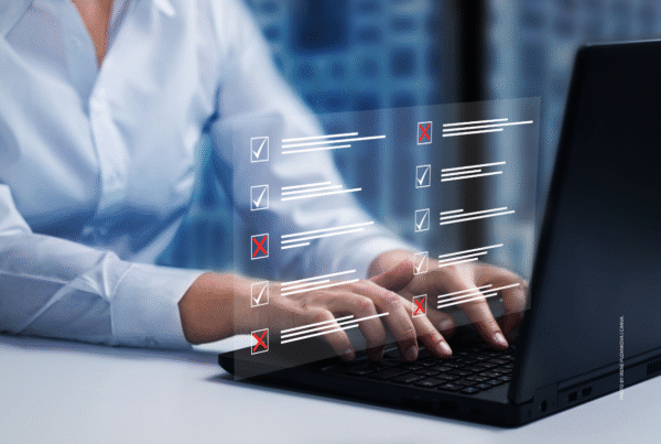 This is a stock image of a woman filling out a survey on a laptop computer. Photo is by Irene Puzankova | Canva.