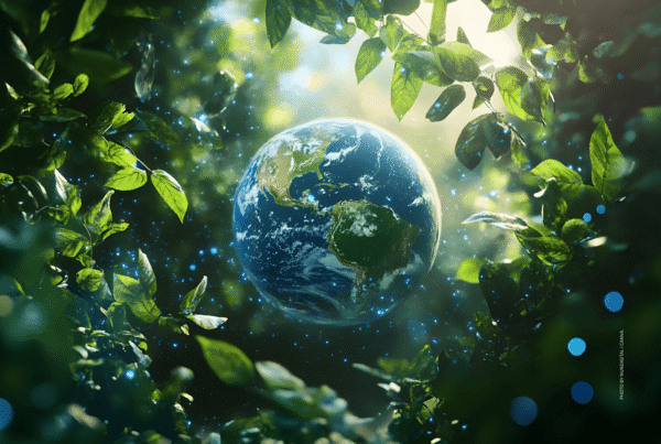 This is a sustainability-themed stock image featuring the Earth, foliage, sun and glowing blue dots. Photo by nundigital | Canva.