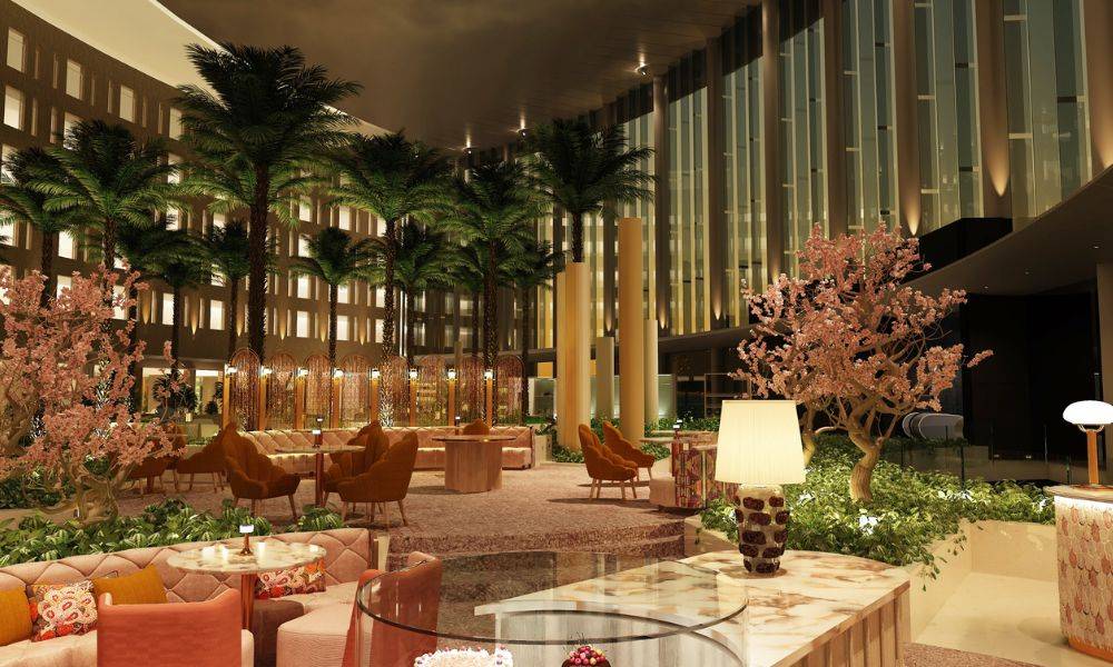 The Waldorf Astoria luxury brand will debut in Egypt this year with the opening of the Waldorf Astoria Cario .  This image is a rendering of the lobby of the property © Hilton 2022.